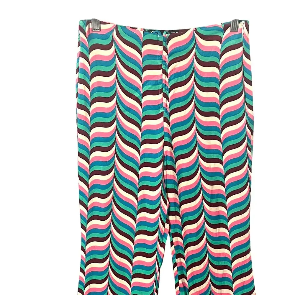 Zara Wide Leg Pants Size Medium Pink Teal Zig Zag Stripe 70s Festival High Rise